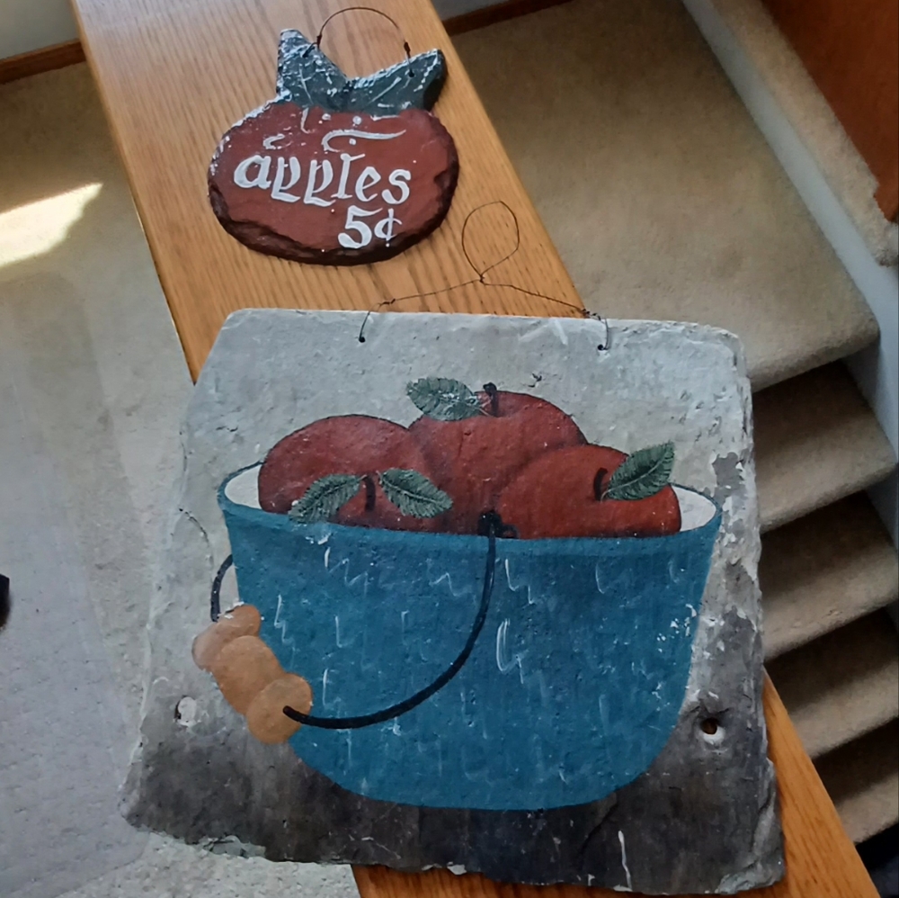 EUC 2 Hand Painted Slate Apple Themed Wall Plaques